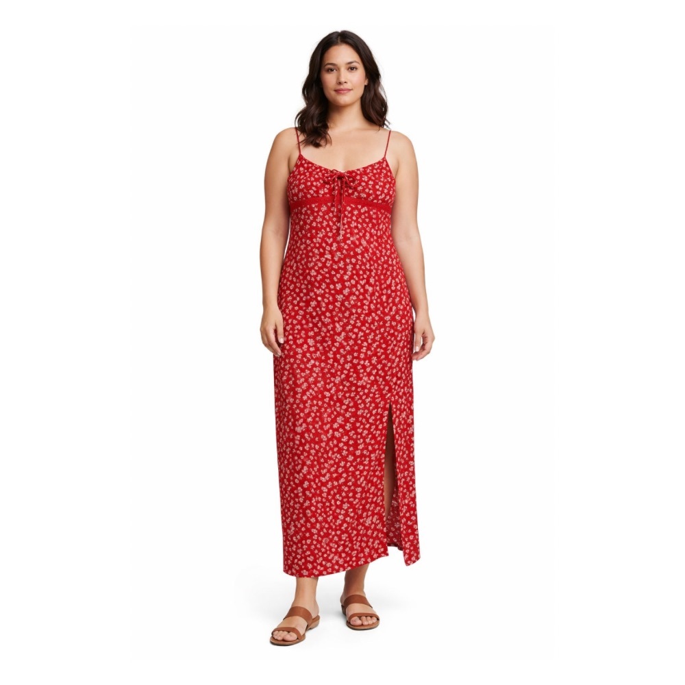 Aeropostale Red Floral Maxi Dress Spaghetti Straps Side Slit Size L